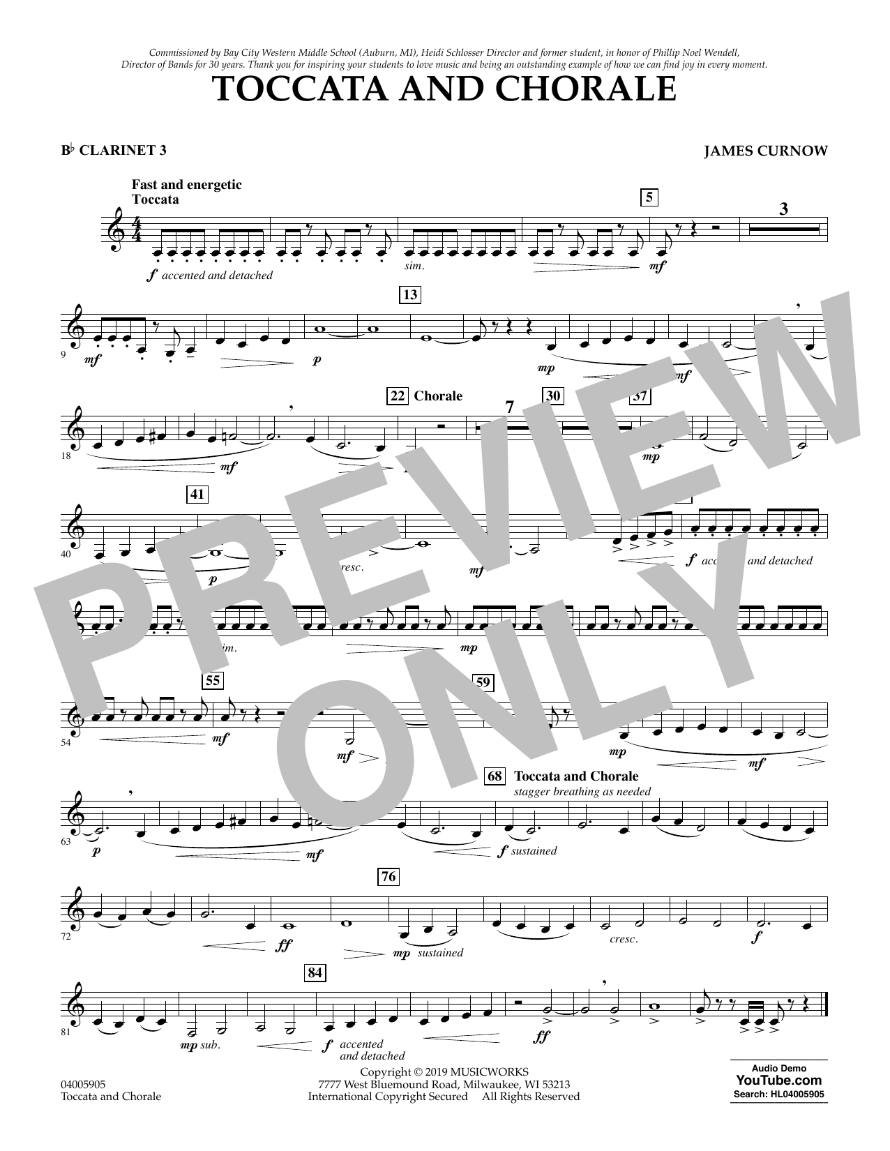 Learn to play James Curnow Toccata and Chorale - Bb Clarinet 3 sheet music for Concert Band in minutes. James Curnow Toccata and Chorale - Bb Clarinet 3 sheet music preview music notes and score for Concert Band including 1 page(s)