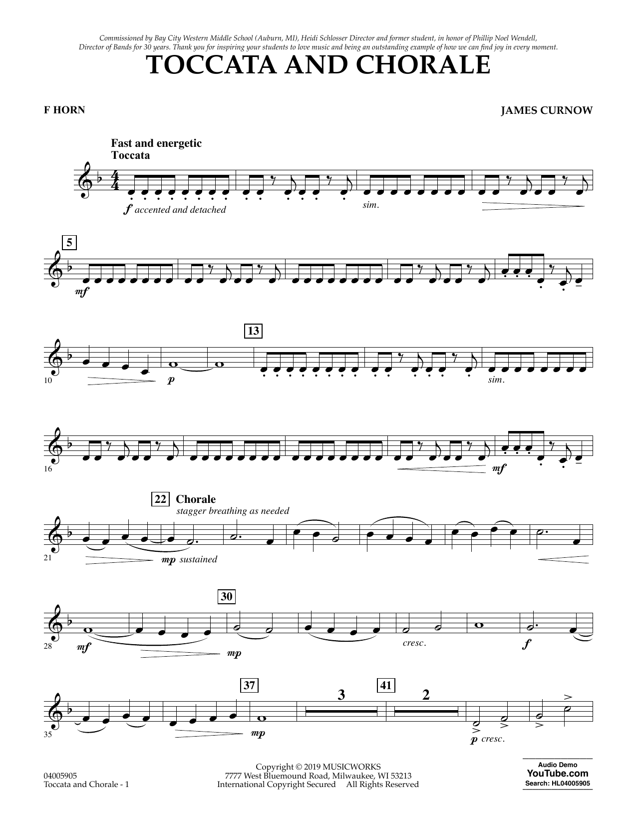 Learn to play James Curnow Toccata and Chorale - F Horn sheet music for Concert Band in minutes. James Curnow Toccata and Chorale - F Horn sheet music preview music notes and score for Concert Band including 2 page(s)