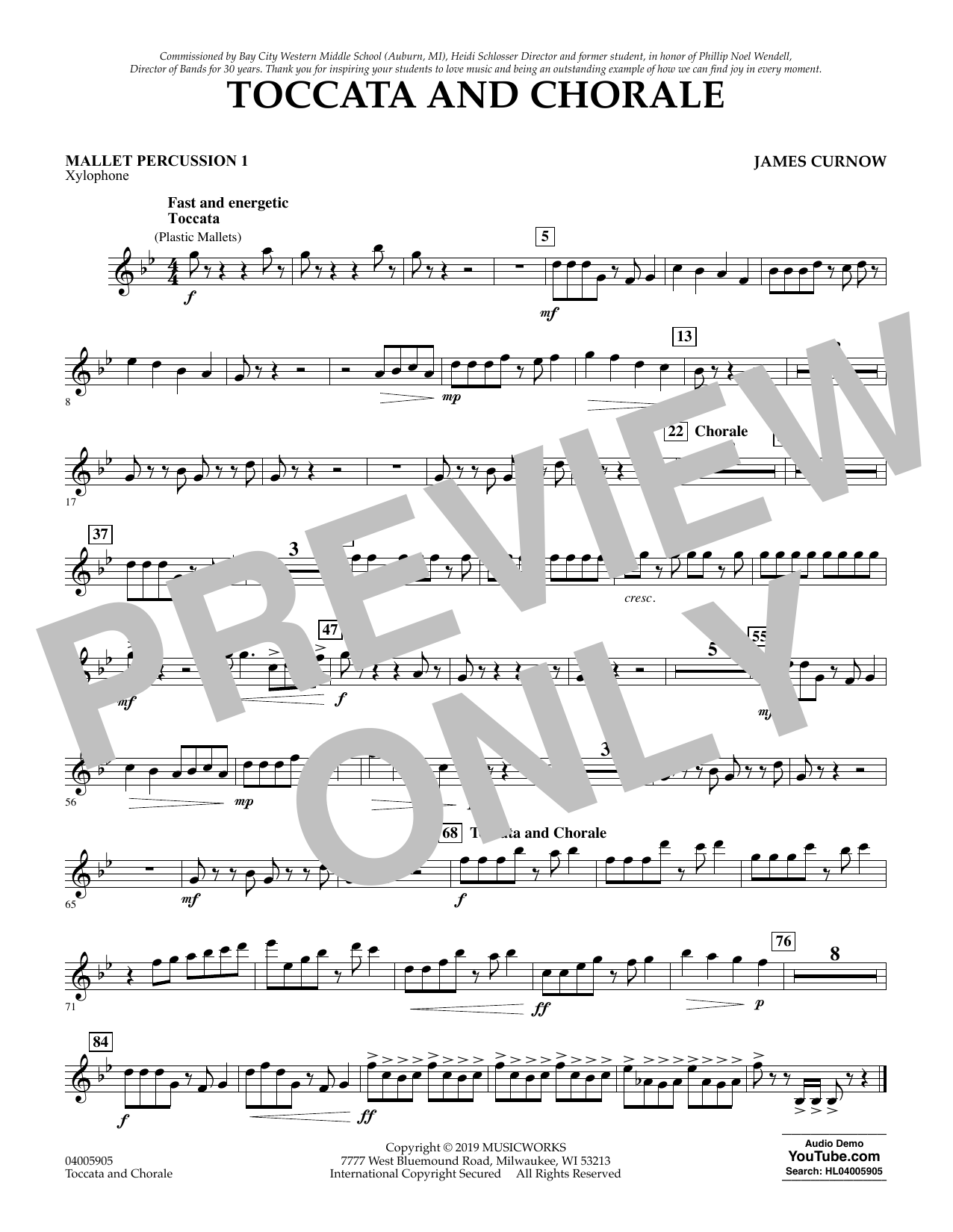 Learn to play James Curnow Toccata and Chorale - Mallet Percussion 1 sheet music for Concert Band in minutes. James Curnow Toccata and Chorale - Mallet Percussion 1 sheet music preview music notes and score for Concert Band including 1 page(s)