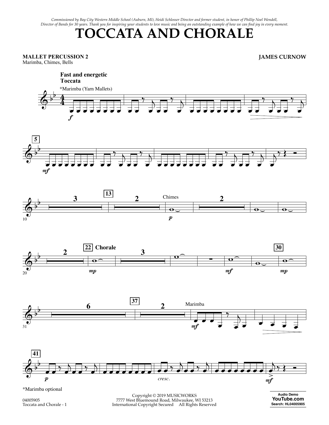 Learn to play James Curnow Toccata and Chorale - Mallet Percussion 2 sheet music for Concert Band in minutes. James Curnow Toccata and Chorale - Mallet Percussion 2 sheet music preview music notes and score for Concert Band including 2 page(s)