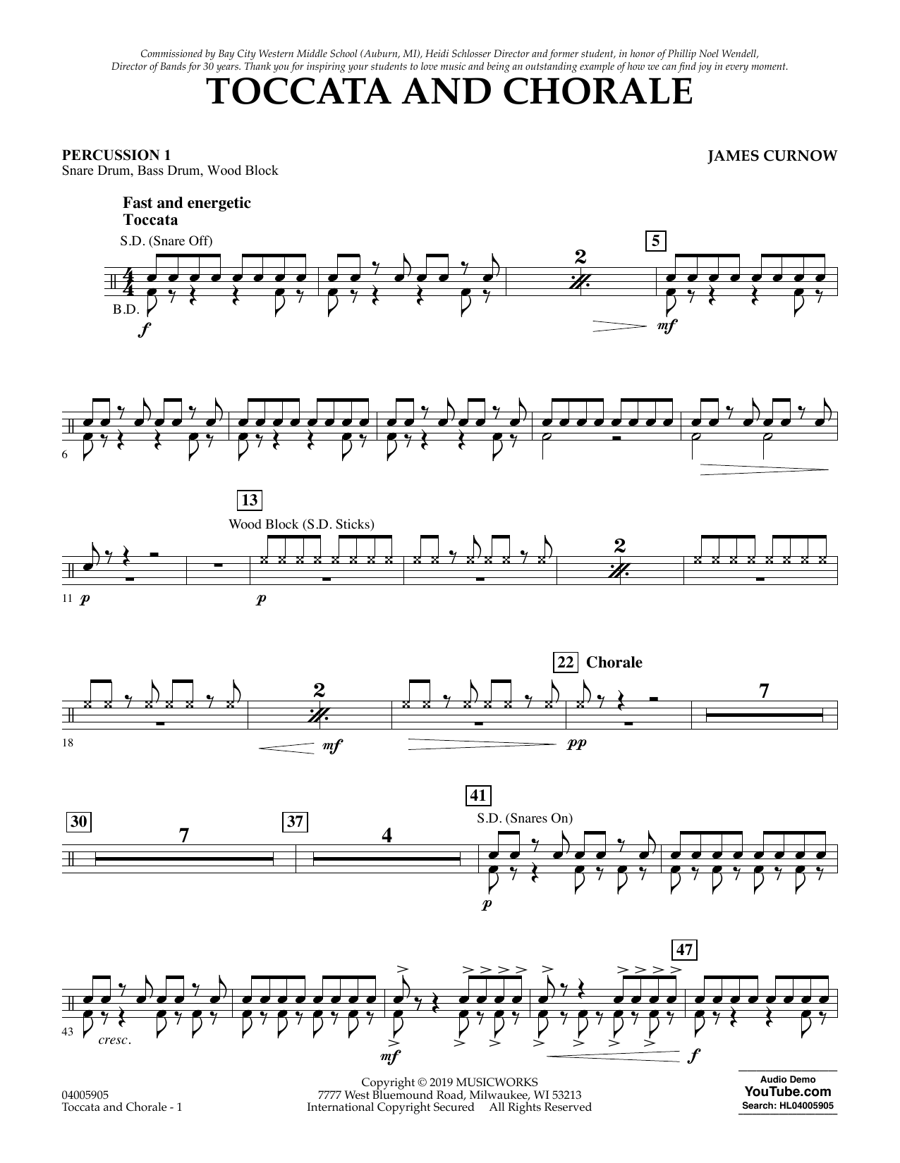 Learn to play James Curnow Toccata and Chorale - Percussion 1 sheet music for Concert Band in minutes. James Curnow Toccata and Chorale - Percussion 1 sheet music preview music notes and score for Concert Band including 2 page(s)