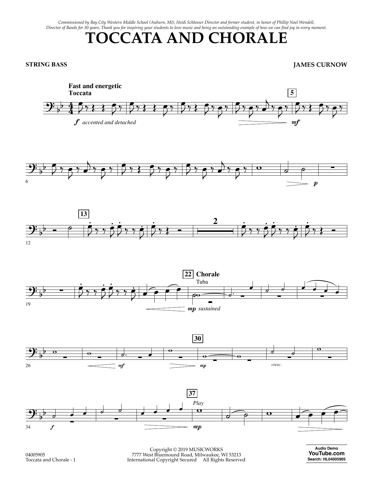 Learn to play James Curnow Toccata and Chorale - String Bass sheet music for Concert Band in minutes. James Curnow Toccata and Chorale - String Bass sheet music preview music notes and score for Concert Band including 2 page(s)