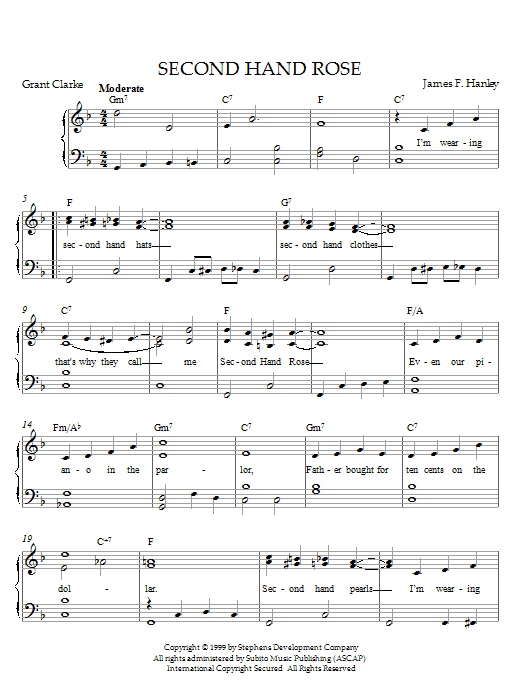 Learn to play James F. Hanley Second Hand Rose (from Second Avenue) sheet music for Piano in minutes. James F. Hanley Second Hand Rose (from Second Avenue) sheet music notes and chords