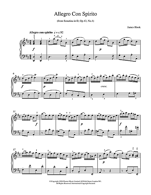 Learn to play James Hook Allegro Con Spirito Op.12 No.1 sheet music for Piano in minutes. James Hook Allegro Con Spirito Op.12 No.1 sheet music notes and chords