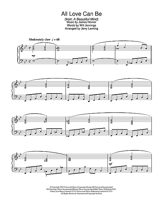 Learn to play James Horner All Love Can Be (from A Beautiful Mind) sheet music for Piano in minutes. James Horner All Love Can Be (from A Beautiful Mind) sheet music notes and chords