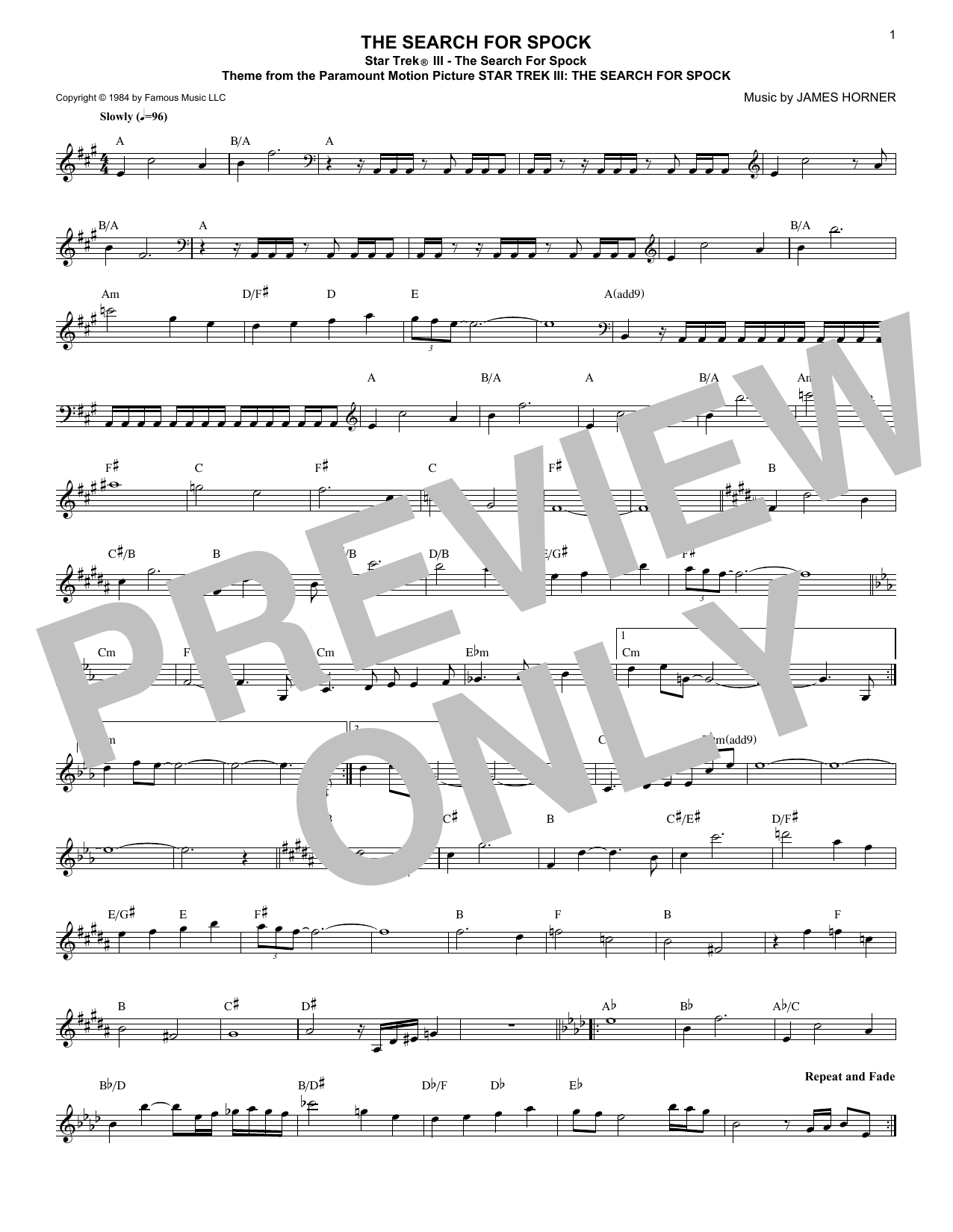 James Horner Star Trek(R) III - The Search For Spock sheet music preview music notes and score for Piano including 5 page(s)