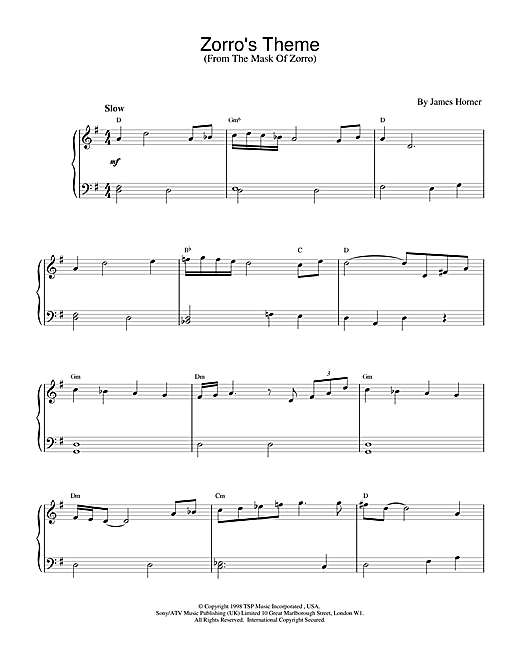 Learn to play James Horner Zorro's Theme (from The Mask Of Zorro) sheet music for Piano in minutes. James Horner Zorro's Theme (from The Mask Of Zorro) sheet music notes and chords