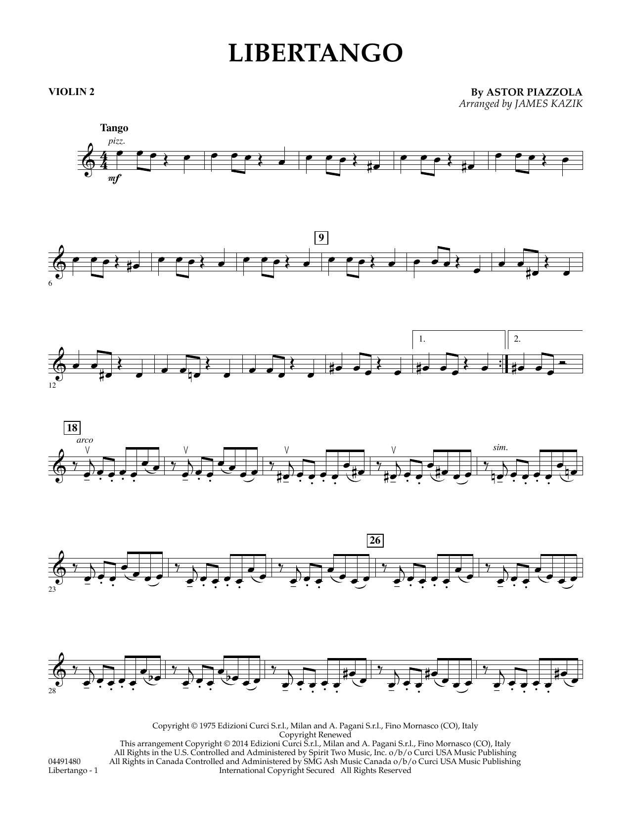 Learn to play James Kazik Libertango - Violin 2 sheet music for Orchestra in minutes. James Kazik Libertango - Violin 2 sheet music preview music notes and score for Orchestra including 2 page(s)