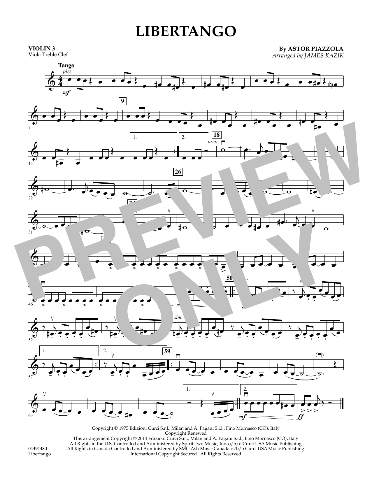 Learn to play James Kazik Libertango - Violin 3 (Viola Treble Clef) sheet music for Orchestra in minutes. James Kazik Libertango - Violin 3 (Viola Treble Clef) sheet music preview music notes and score for Orchestra including 1 page(s)