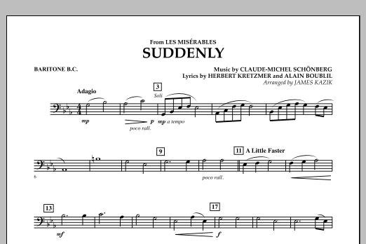 Learn to play James Kazik Suddenly (from Les Miserables) - Baritone B.C. sheet music for Concert Band in minutes. James Kazik Suddenly (from Les Miserables) - Baritone B.C. sheet music notes and chords