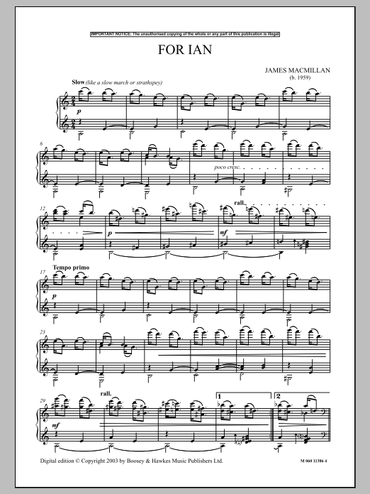 Learn to play James MacMillan For Ian sheet music for Piano in minutes. James MacMillan For Ian sheet music notes and chords