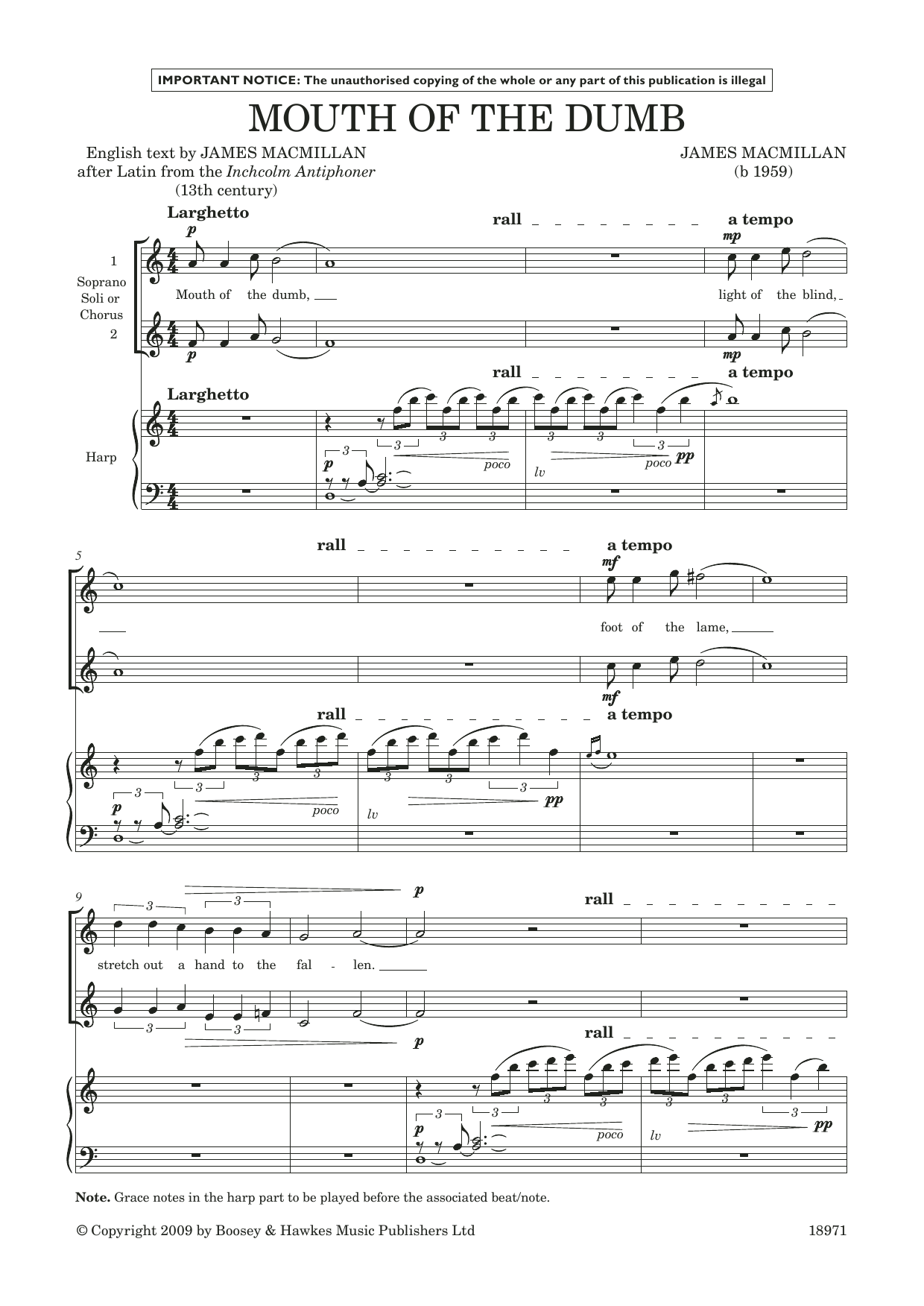 James MacMillan Mouth of the Dumb (for soprano/treble duet & harp) sheet music preview music notes and score for Piano & Vocal including 5 page(s)