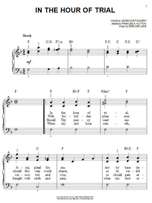 Learn to play James Montgomery In The Hour Of Trial sheet music for Easy Piano in minutes. James Montgomery In The Hour Of Trial sheet music preview music notes and score for Easy Piano including 2 page(s)