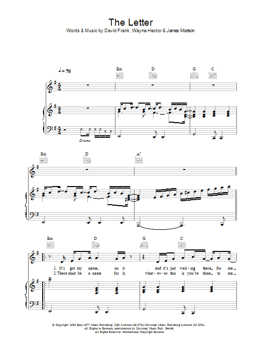 James Morrison The Letter sheet music preview music notes and score for Lyrics & Chords including 3 page(s)