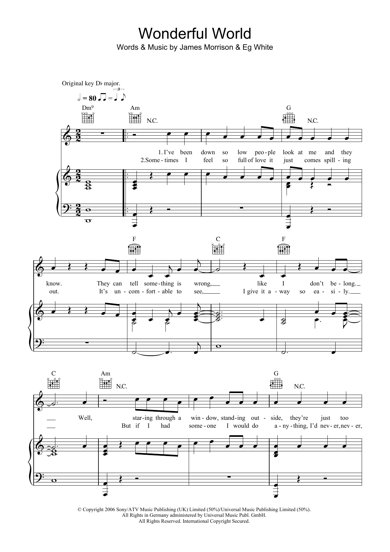 James Morrison Wonderful World sheet music preview music notes and score for Lyrics & Chords including 2 page(s)