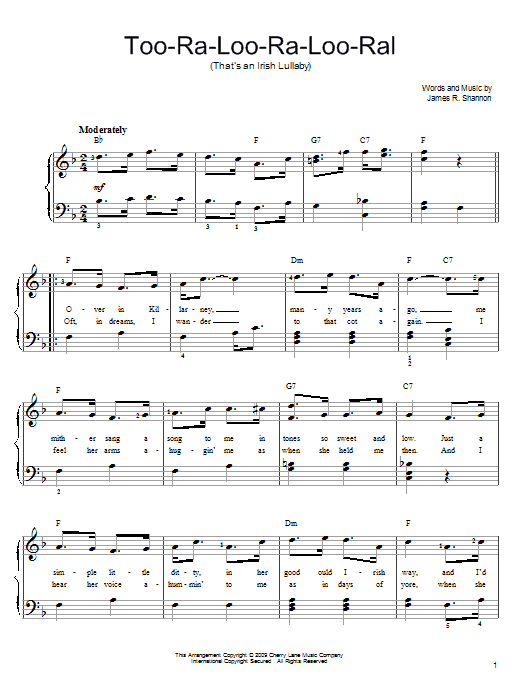 Learn to play James R. Shannon Too-Ra-Loo-Ra-Loo-Ral (That's An Irish Lullaby) sheet music for Piano, Vocal & Guitar (Right-Hand Melody) in minutes. James R. Shannon Too-Ra-Loo-Ra-Loo-Ral (That's An Irish Lullaby) sheet music preview music notes and score for Piano, Vocal & Guitar (Right-Hand Melody) including 2 page(s)