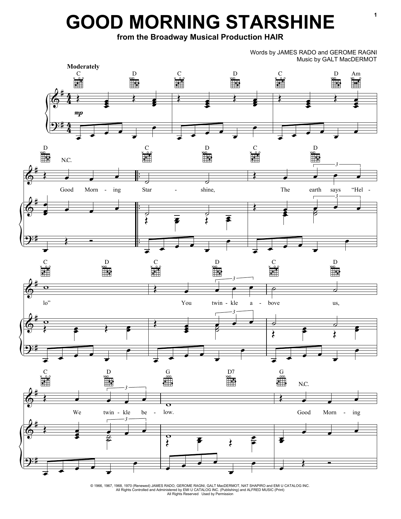 Learn to play James Rado Good Morning Starshine sheet music for Piano, Vocal & Guitar (Right-Hand Melody) in minutes. James Rado Good Morning Starshine sheet music notes and chords