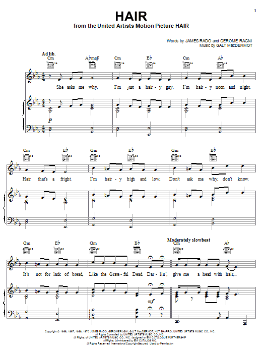 Learn to play James Rado Hair sheet music for Piano, Vocal & Guitar (Right-Hand Melody) in minutes. James Rado Hair sheet music notes and chords