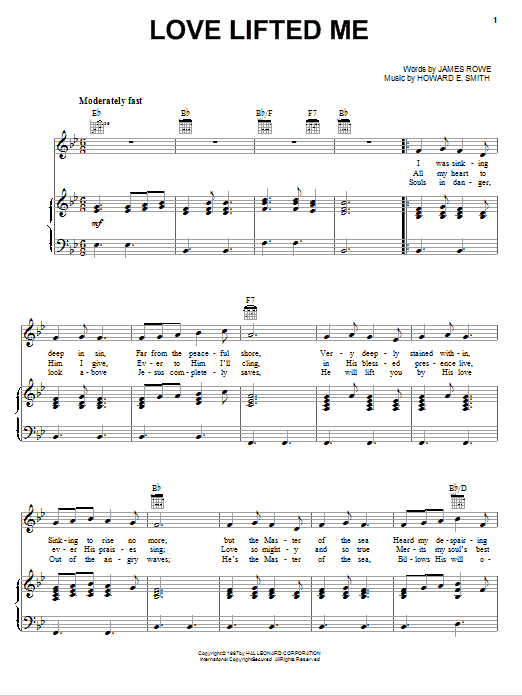 Learn to play Howard E. Smith Love Lifted Me sheet music for Piano, Vocal & Guitar (Right-Hand Melody) in minutes. Howard E. Smith Love Lifted Me sheet music preview music notes and score for Piano, Vocal & Guitar (Right-Hand Melody) including 2 page(s)