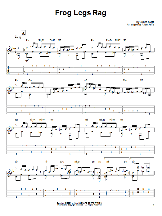 Learn to play James Scott Frog Legs Rag sheet music for Guitar Tab in minutes. James Scott Frog Legs Rag sheet music preview music notes and score for Guitar Tab including 5 page(s)