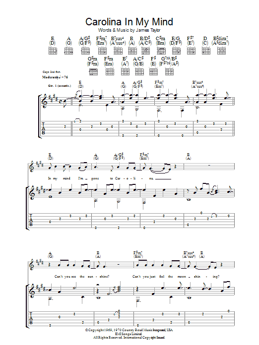 James Taylor Carolina In My Mind sheet music preview music notes and score for Guitar Tab including 15 page(s)