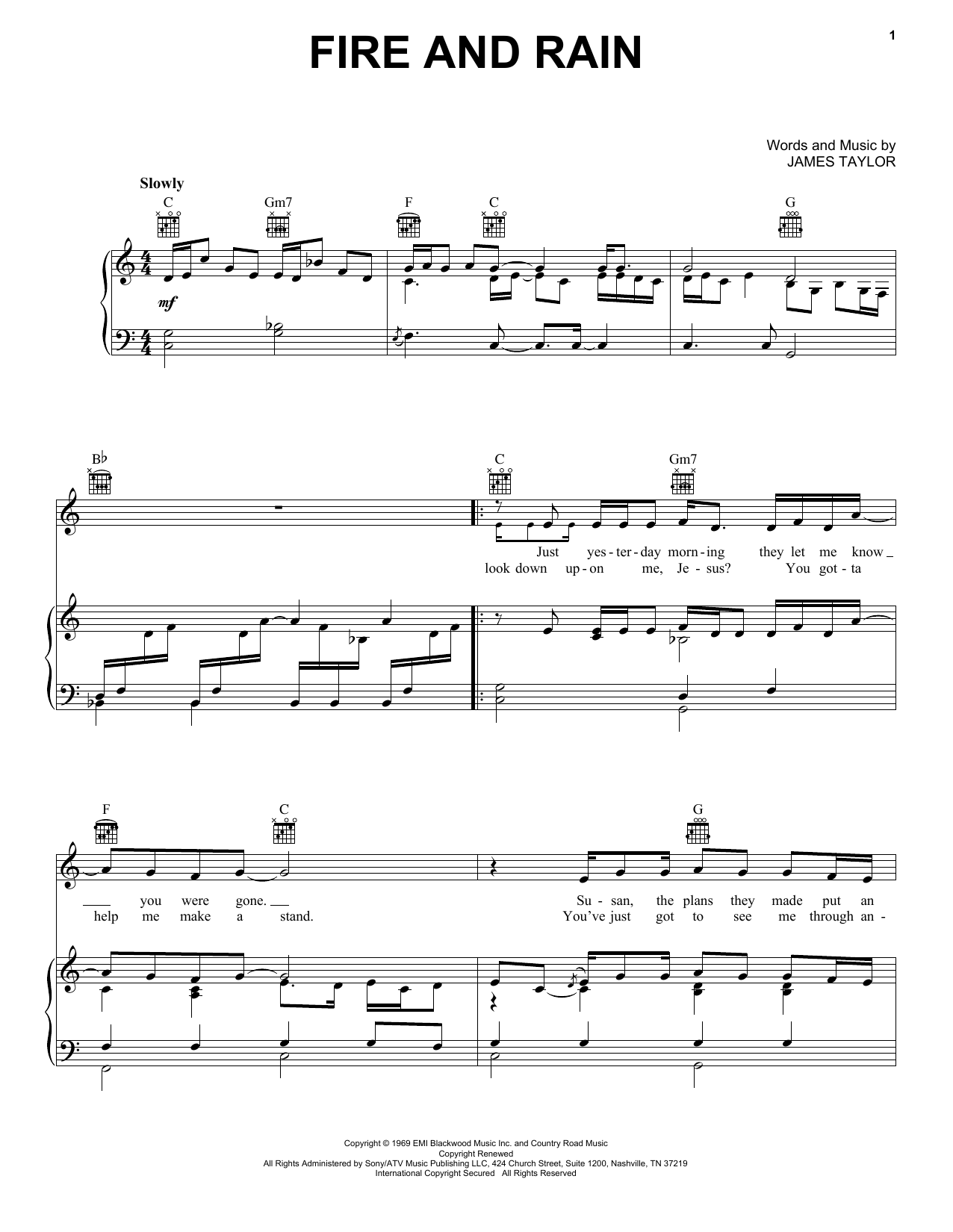 James Taylor Fire And Rain sheet music preview music notes and score for Piano, Vocal & Guitar (Right-Hand Melody) including 4 page(s)
