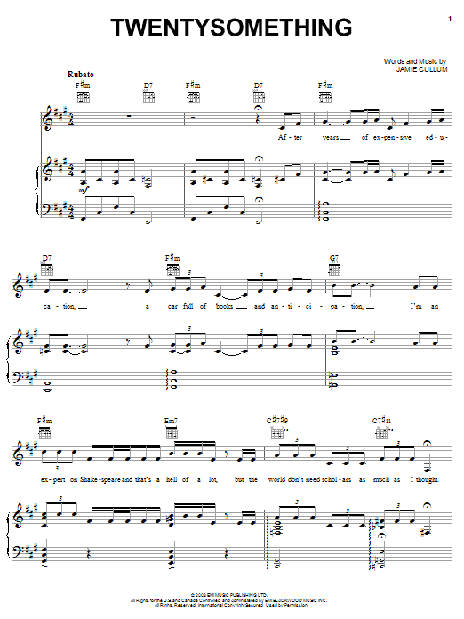 Learn to play Jamie Cullum Twentysomething sheet music for Piano, Vocal & Guitar (Right-Hand Melody) in minutes. Jamie Cullum Twentysomething sheet music notes and chords