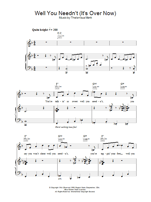 Learn to play Jamie Cullum Well You Needn't (It's Over Now) sheet music for Piano, Vocal & Guitar in minutes. Jamie Cullum Well You Needn't (It's Over Now) sheet music preview music notes and score for Piano, Vocal & Guitar including 8 page(s)