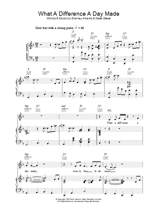 Learn to play Jamie Cullum What A Difference A Day Made sheet music for Piano, Vocal & Guitar in minutes. Jamie Cullum What A Difference A Day Made sheet music preview music notes and score for Piano, Vocal & Guitar including 7 page(s)