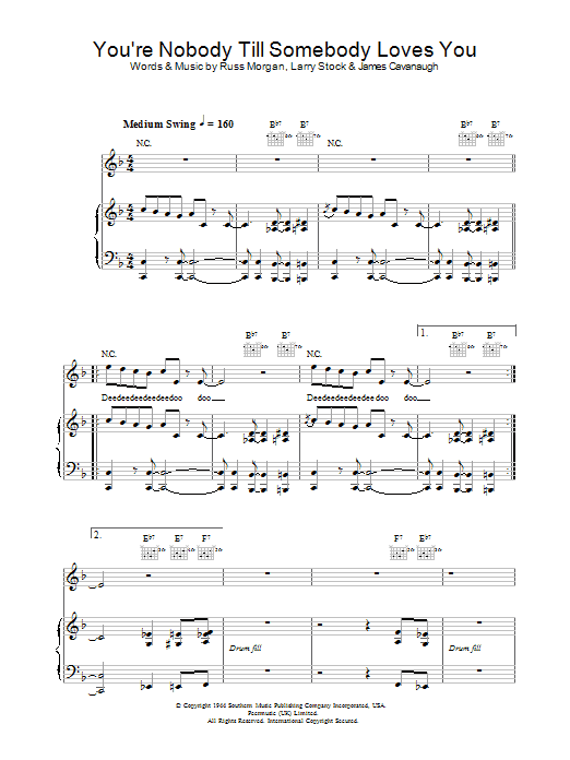 Jamie Cullum You're Nobody Till Somebody Loves You sheet music preview music notes and score for Melody Line, Lyrics & Chords including 3 page(s)