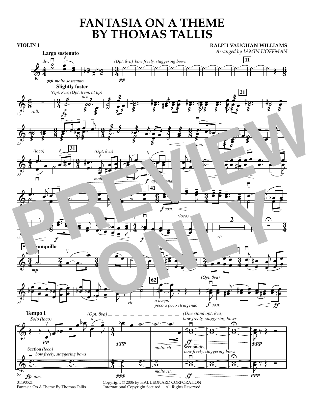 Jamin Hoffman Fantasia on a Theme by Thomas Tallis - Violin 1 sheet music preview music notes and score for Orchestra including 1 page(s)
