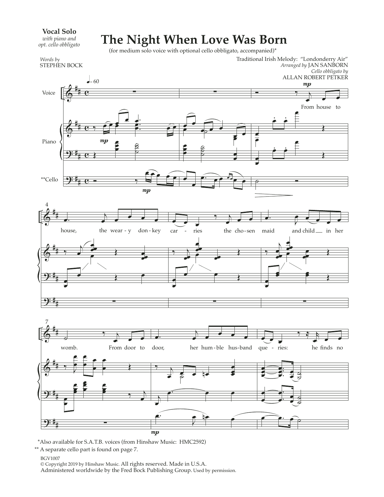 Jan Sanborn The Night That Love Was Born (with optional cello obbligato) sheet music, chords, lyrics - Printable PDF for Piano & Vocal