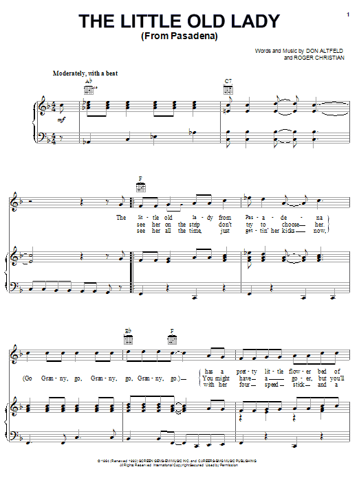 Learn to play Jan & Dean The Little Old Lady (From Pasadena) sheet music for Piano, Vocal & Guitar (Right-Hand Melody) in minutes. Jan & Dean The Little Old Lady (From Pasadena) sheet music preview music notes and score for Piano, Vocal & Guitar (Right-Hand Melody) including 3 page(s)