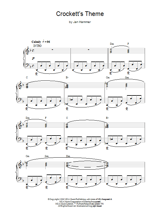 Jan Hammer Crockett's Theme (from Miami Vice) sheet music preview music notes and score for Piano, Vocal & Guitar (Right-Hand Melody) including 2 page(s)