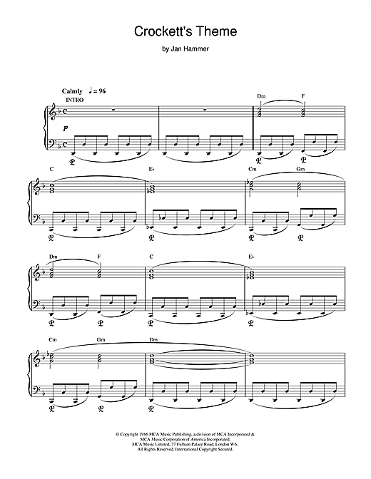 Learn to play Jan Hammer Crockett's Theme (from Miami Vice) sheet music for Piano, Vocal & Guitar (Right-Hand Melody) in minutes. Jan Hammer Crockett's Theme (from Miami Vice) sheet music notes and chords