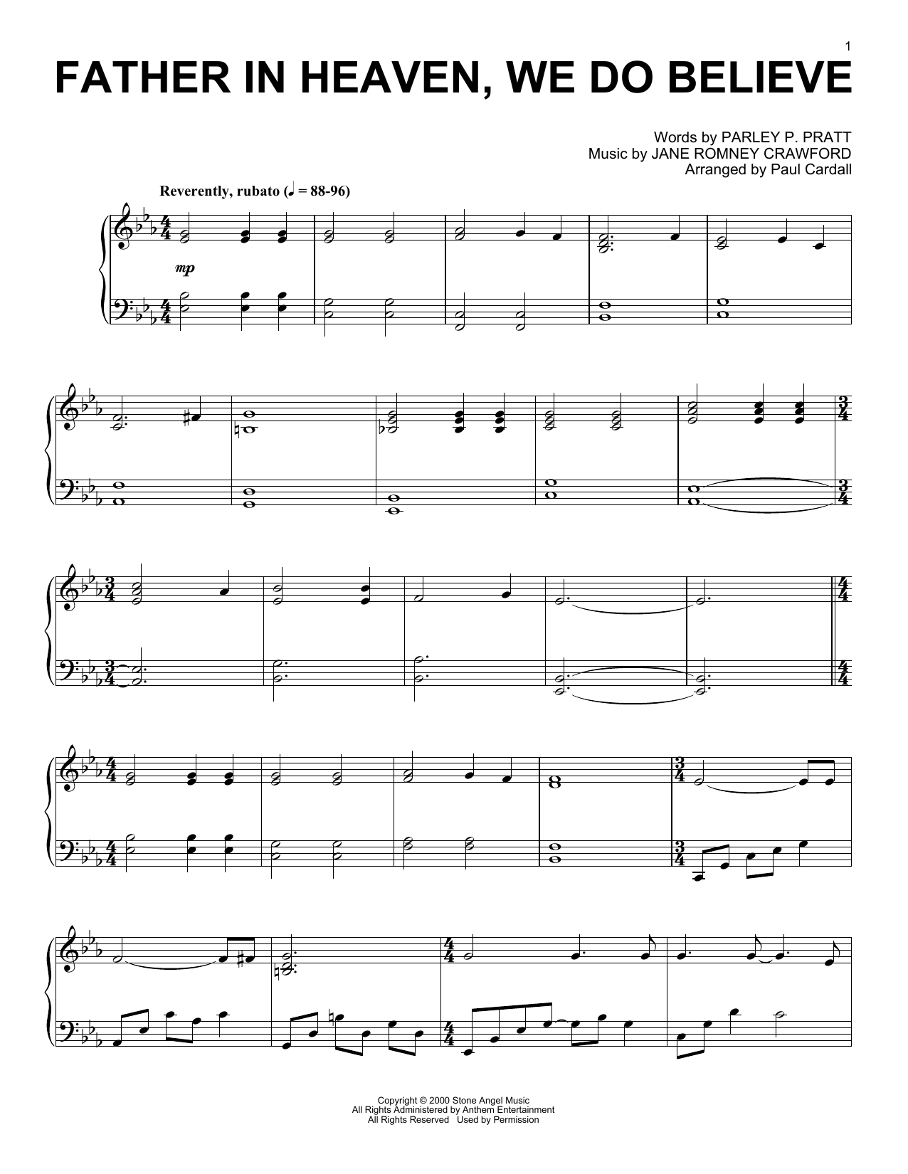 Jane Romney Crawford Father In Heaven, We Do Believe (arr. Paul Cardall) sheet music, chords, lyrics - Printable PDF for Piano Solo