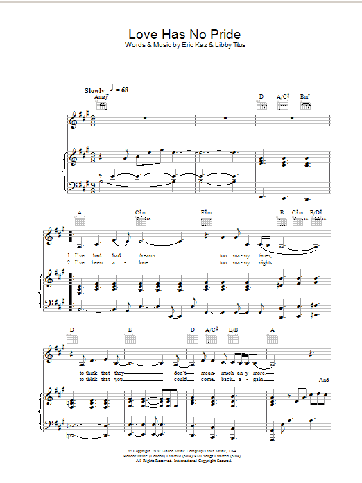 Learn to play Jane Monheit Love Has No Pride sheet music for Piano, Vocal & Guitar in minutes. Jane Monheit Love Has No Pride sheet music preview music notes and score for Piano, Vocal & Guitar including 5 page(s)
