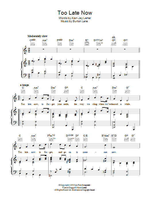 Learn to play Jane Powell Too Late Now sheet music for Piano, Vocal & Guitar (Right-Hand Melody) in minutes. Jane Powell Too Late Now sheet music preview music notes and score for Piano, Vocal & Guitar (Right-Hand Melody) including 3 page(s)