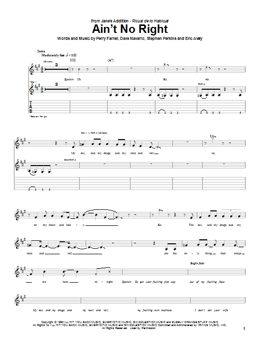 Jane's Addiction Ain't No Right sheet music preview music notes and score for Guitar Tab including 7 page(s)