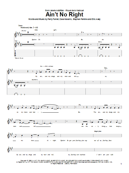 Learn to play Jane's Addiction Ain't No Right sheet music for Guitar Tab in minutes. Jane's Addiction Ain't No Right sheet music preview music notes and score for Guitar Tab including 7 page(s)