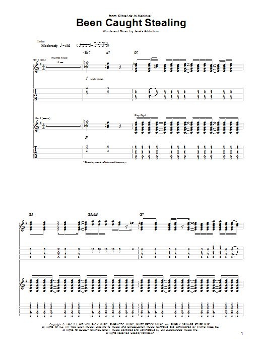 Learn to play Jane's Addiction Been Caught Stealing sheet music for Guitar Tab in minutes. Jane's Addiction Been Caught Stealing sheet music preview music notes and score for Guitar Tab including 9 page(s)