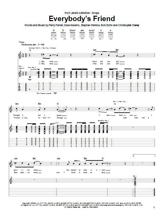 Jane's Addiction Everybody's Friend sheet music preview music notes and score for Guitar Tab including 6 page(s)