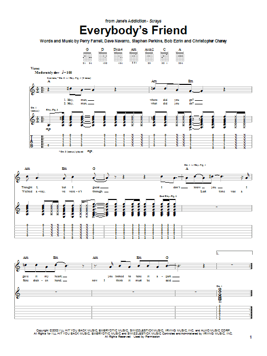 Learn to play Jane's Addiction Everybody's Friend sheet music for Guitar Tab in minutes. Jane's Addiction Everybody's Friend sheet music preview music notes and score for Guitar Tab including 6 page(s)