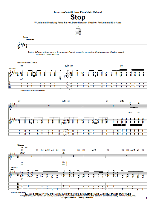 Jane's Addiction Stop sheet music preview music notes and score for Guitar Tab including 11 page(s)