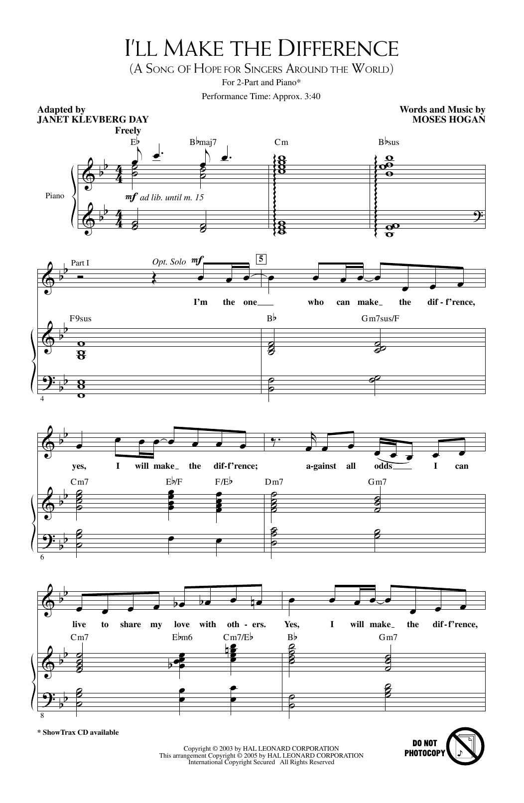Janet Klevberg Day I'll Make The Difference (A Song Of Hope For Singers Around The World) sheet music, chords, lyrics - Printable PDF for 2-Part Choir