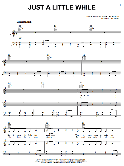 Learn to play Janet Jackson Just A Little While sheet music for Piano, Vocal & Guitar (Right-Hand Melody) in minutes. Janet Jackson Just A Little While sheet music preview music notes and score for Piano, Vocal & Guitar (Right-Hand Melody) including 6 page(s)