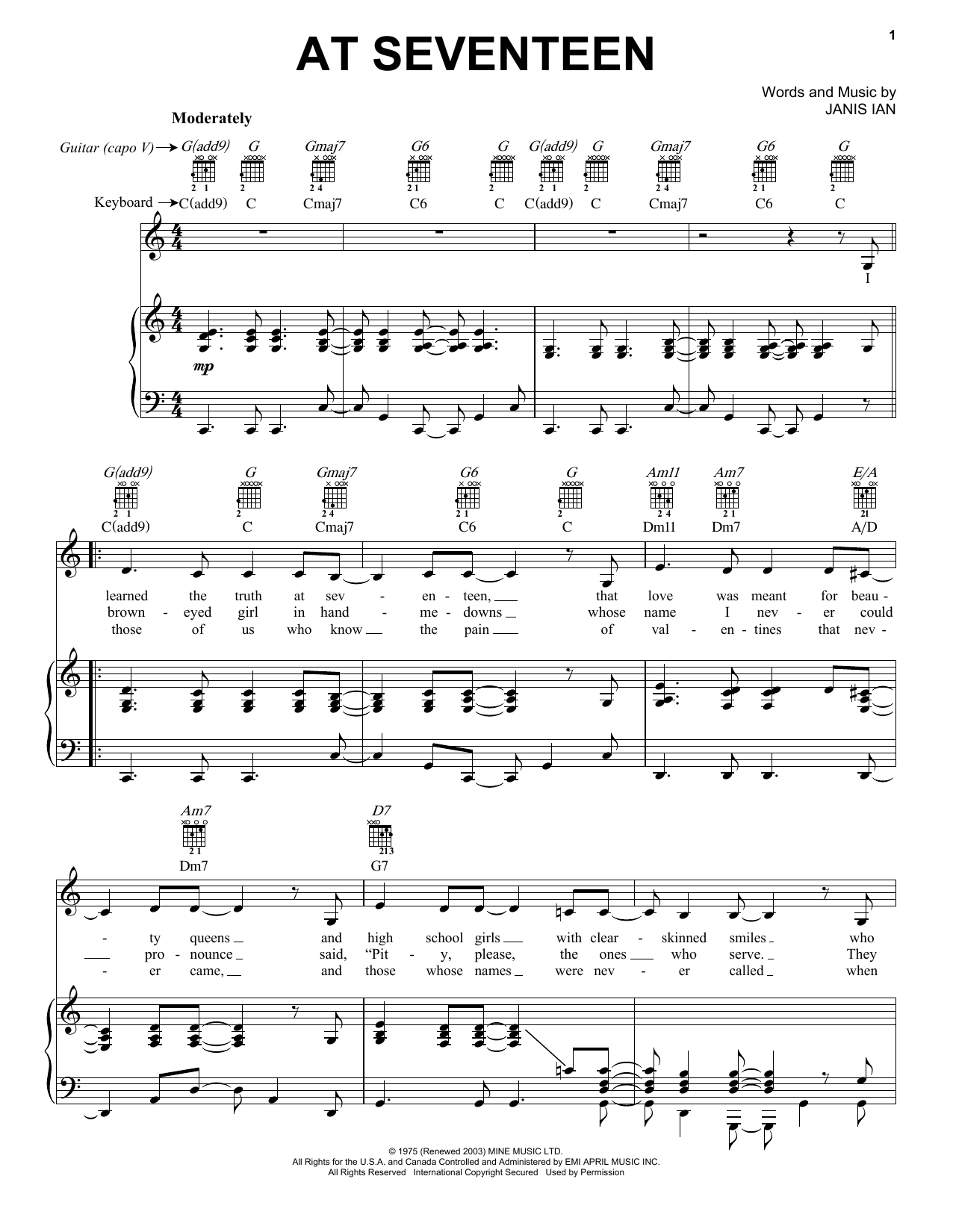 Janis Ian At Seventeen sheet music preview music notes and score for Piano, Vocal & Guitar (Right-Hand Melody) including 4 page(s)