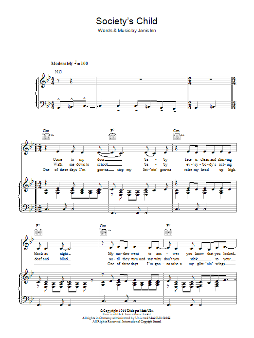 Learn to play Janis Ian Society's Child sheet music for Piano, Vocal & Guitar (Right-Hand Melody) in minutes. Janis Ian Society's Child sheet music preview music notes and score for Piano, Vocal & Guitar (Right-Hand Melody) including 3 page(s)
