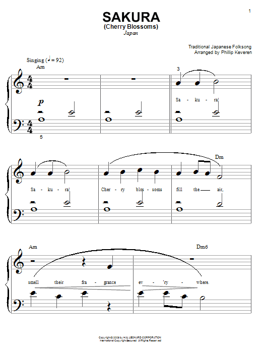 Learn to play Japanese Folksong Sakura (Cherry Blossoms) sheet music for Piano in minutes. Japanese Folksong Sakura (Cherry Blossoms) sheet music preview music notes and score for Piano including 2 page(s)