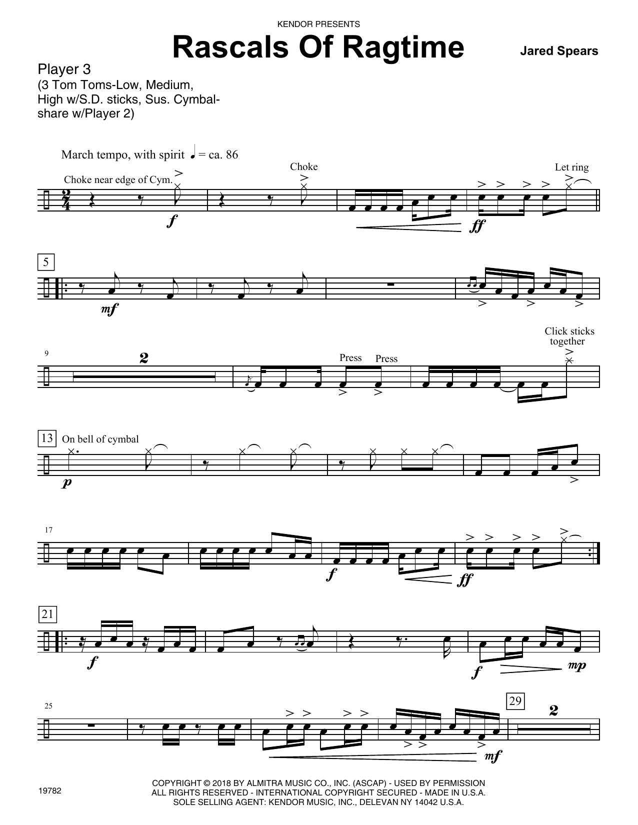 Learn to play Jared Spears Rascals Of Ragtime - Percussion 3 sheet music for Percussion Ensemble in minutes. Jared Spears Rascals Of Ragtime - Percussion 3 sheet music preview music notes and score for Percussion Ensemble including 3 page(s)